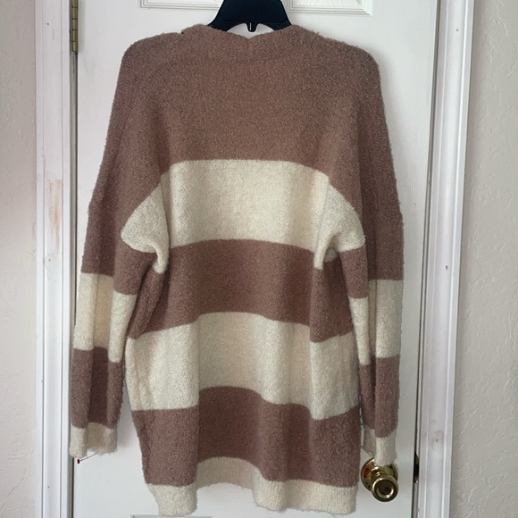 •PINK LILY•STRIPED MOCHA/IVORY OPEN FRONT SUPER SOFT KNIT CARDIGAN SWEATER LARGE - Picture 3 of 9